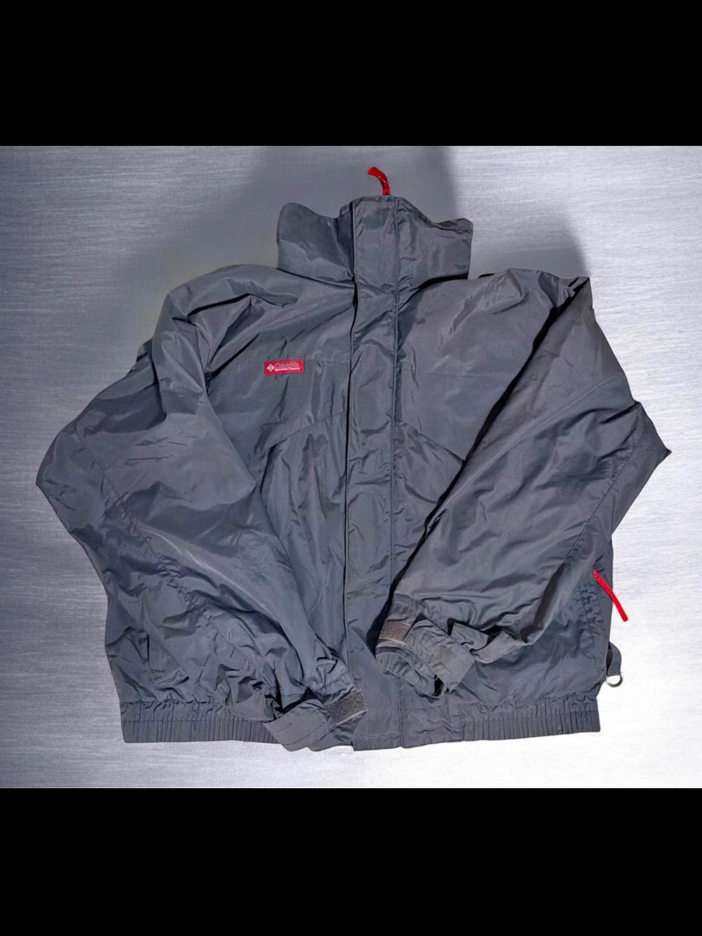 Columbia Men’s Dark Gray Raincoat with Red Accents - vintage 90’s